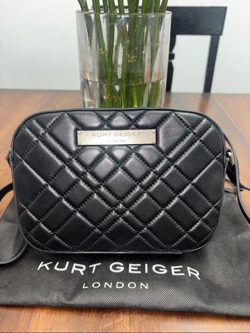 Low start Kurt Geiger Black Quilted Shoulder Camera bag with dust bag in GUC.